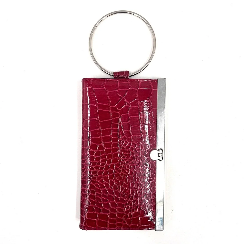 Vintage  Red Ring Handle Wristlet Bag Faux Croc Patent Mod Clutch Organizer